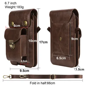 Universal 6.7 inch vertical double pocket leather waist bag with shoulder strap for phone