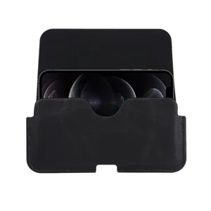 Black leather horizontal phone holster pouch for large smartphones, premium cowhide design.