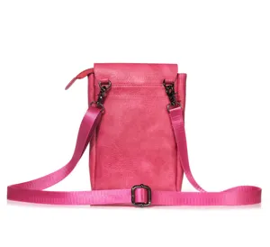 Pink vertical phone shoulder bag detail, adjustable strap and metal hardware buckles.