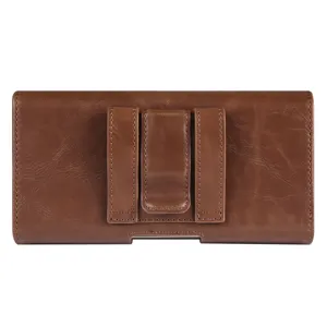 Bruine PU lederen telefoonhoes voor heren, verticale dubbellaagse riemtas voor smartphones.