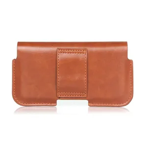 Leather phone holster detail view, brown belt pouch with clip for daily business use