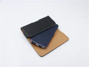 Vista detallada de funda de cuero para teléfono de cintura, cubierta protectora de alta calidad.