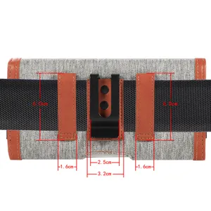 Detailed product view of the oxford cloth phone holster displaying belt loop sizes.