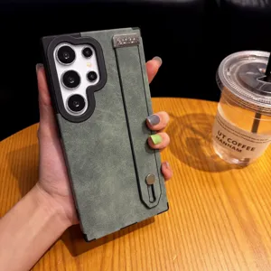 Funda de teléfono de cuero gamuza retro de negocios para Samsung S25 S24 Ultra con soporte.