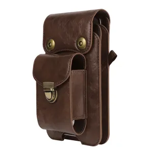 Vertical PU leather phone holster bag detail, multi-compartment waist pouch for smartphones.