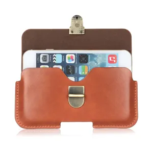 Detailed view of brown leather vertical phone holster with vintage metal clasp and belt loop.