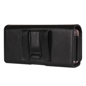 Zwarte PU leer verticale telefoon riem holster detail, universele clip tas voor smartphones.