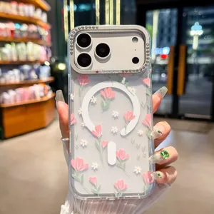 Custodia MagSafe Trasparente Fiori Strass Protezione Fotocamera per iPhone 16 17 Pro