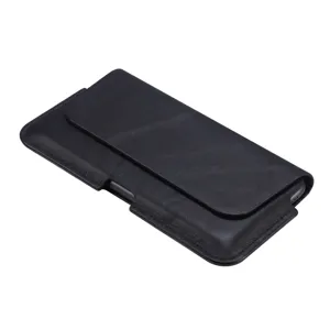 Detailed view of the black top layer cowhide horizontal phone leather holster case.