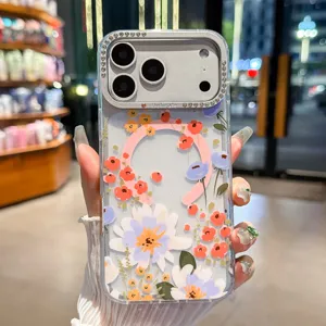 Custodia protettiva magnetica trasparente con motivo floreale e strass compatibile iPhone.