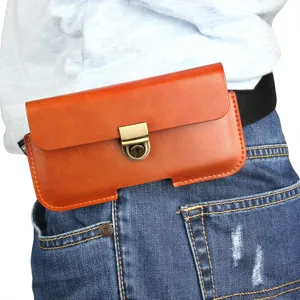 Universal PU Leather Horizontal Smartphone Belt Holster Business Retro Phone Waist Bag With Metal Buckle For Mobile Phone