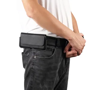 Leather phone holster detail, black horizontal waist pouch showing belt loop design.