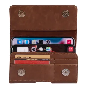 Bruine PU lederen dubbellaags verticale telefoon riemtas hoesje voor 5.5-6.7 inch smartphones.