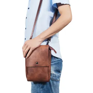 Men vertical shoulder bag phone leather holster casual vintage crossbody bag brown daily use
