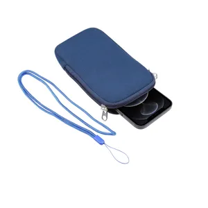 Custodia per telefono in neoprene blu con cordino astuccio universale con zip vista dettagliata