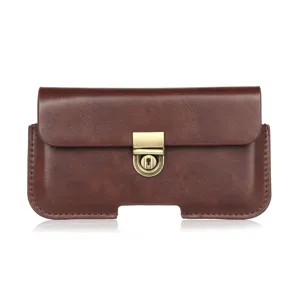 Detailed close-up view of the brown PU leather waist phone holster featuring retro metal lock.