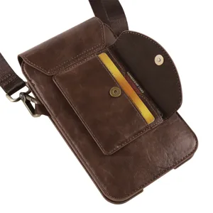 Dark brown leather vertical cell phone waist bag with multiple card slots and shoulder strap.