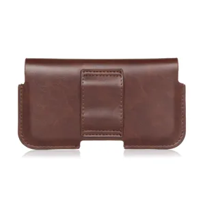 Brown leather horizontal phone holster with belt clip, durable business waist case pouch.