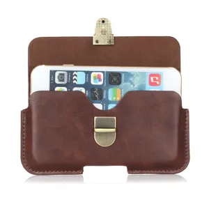 Brown leather phone holster pouch with metal clasp buckle, premium belt loop design for daily use.