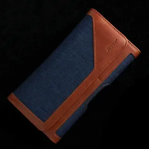 Men denim and leather belt waist phone pouch, casual canvas flip magnetic card bag.