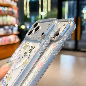 Custodia per telefono magnetica trasparente con design floreale e strass scintillanti.