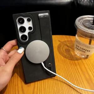 Funda de teléfono de ante elegante compatible con Samsung con anillo magnético y correa.