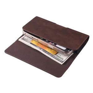 Nahaufnahme der braunen PU-Leder Handytasche mit praktischem Kartenfach und Geldfach innen.