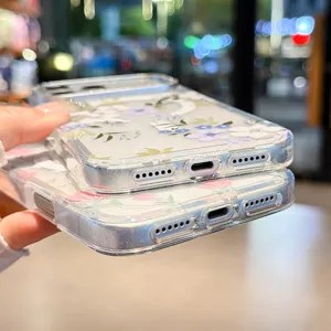 Custodia trasparente floreale con brillantini per iPhone, sottile cover protettiva antiurto.