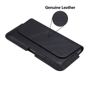 Genuine leather phone holster detail showing fine texture, durable vertical and horizontal use.
