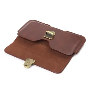 Brown leather horizontal phone holster universal business pouch for various smartphone models