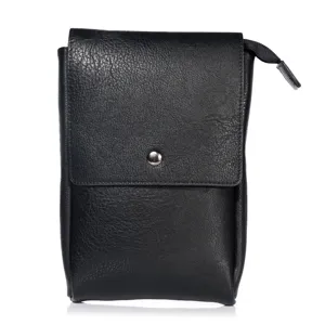 Black vertical leather phone pouch detail, button closure and zipper pocket design.