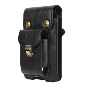 Universal 6.9 inch vertical double compartment flip phone waist bag close up detail view.