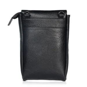 Close-up detail of the black leather vertical phone pouch showing metal rings and zipper.