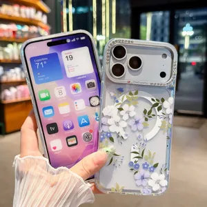 Custodia magnetica trasparente con fiori e strass, design antiurto per iPhone 17 Pro Max.