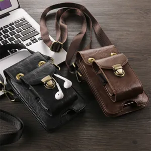 Multi-functional vertical double-pocket phone holster bag with retro metal lock and strap.