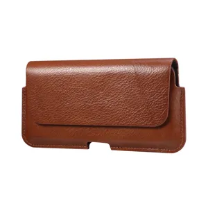Brown genuine leather horizontal phone holster case detail view for large mobile devices.