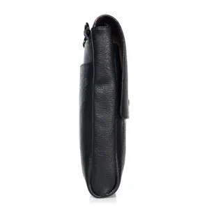 Vertical black leather phone holster bag with belt loop and metal ring for smartphones.