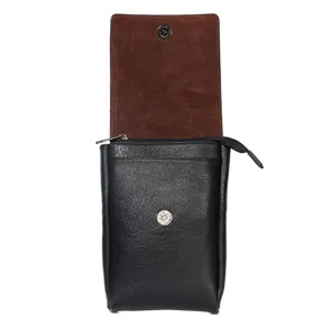 Vertical black leather phone pouch featuring brown suede lining and magnetic snap closure.