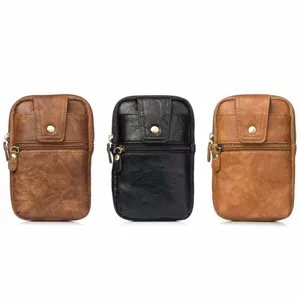 Sacoche Ceinture Téléphone en Cuir PU Multifonctionnelle Rétro Double Fermeture Éclair Étui Pochette Pour Sports Plein Air