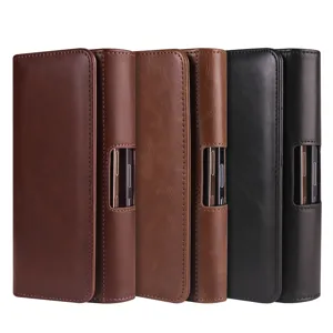 Gedetailleerd overzicht van verticale PU lederen telefoonholster riemtas voor heren.