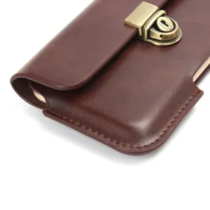 Detail view of brown leather waist phone holster showing vintage metal lock buckle close up.