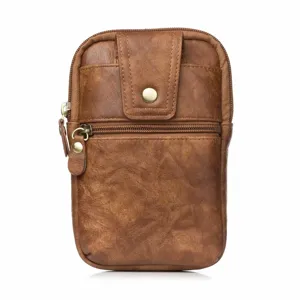 Pochette de téléphone en cuir marron, double fermeture éclair étui de ceinture polyvalent.