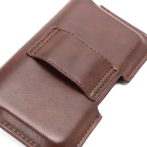 Brown leather horizontal phone belt holster detail, universal protective case pouch for mobile.