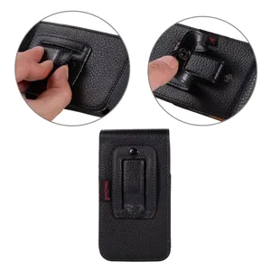 Étui de téléphone noir en cuir avec clip de ceinture et boucle, pochette de protection.