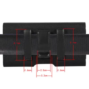 Minimalist black phone holster detail view showing precise dimensions and belt clip size.