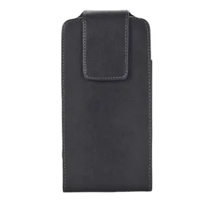 Black leather vertical phone holster with belt loop and flap closure detail for men.