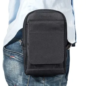 Close-up detail of durable black nylon universal phone waist bag holster for belt wear.