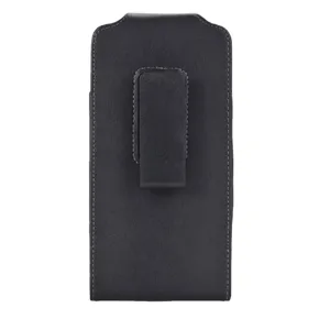 Black leather vertical phone holster with belt clip, durable waist bag for daily work use.