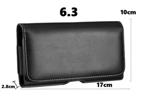 Detailansicht der schwarzen horizontalen Leder-Handytasche mit Größen- und Maßangaben.