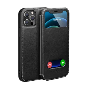 Black leather flip phone case with dual window view, premium business protective cover.